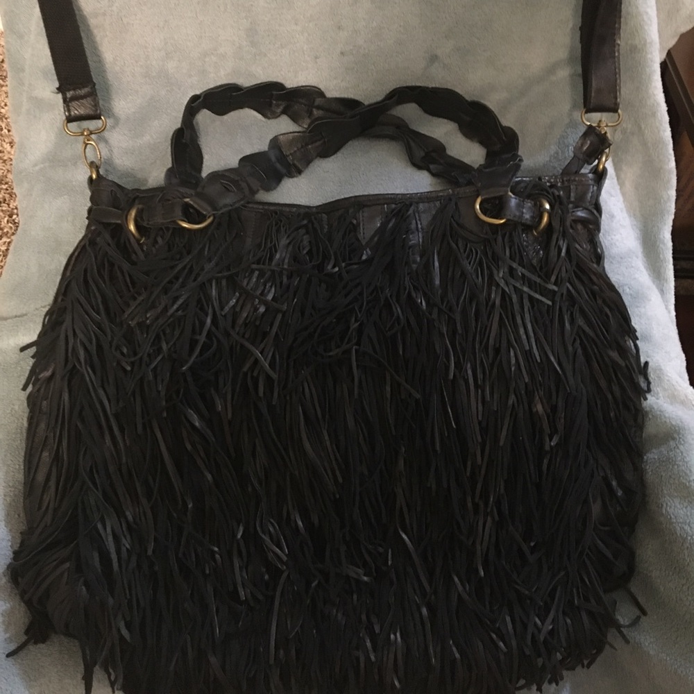 Cute Fringed Black Vegan Large Handmade Handbag w/Crossbody Strap - PreOwned